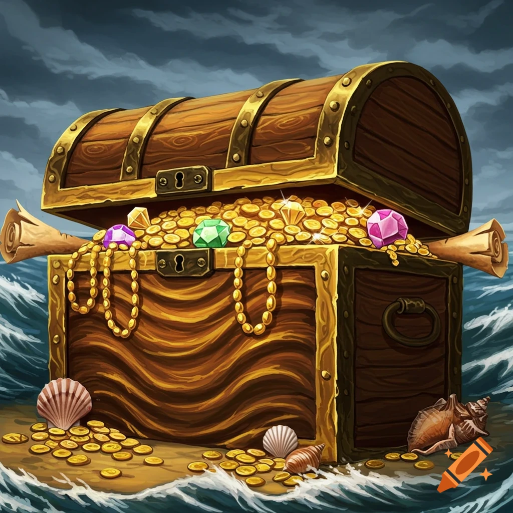 An open treasure chest overflowing with gold coins, jewels, and necklaces sits on a sandy beach with seashells and waves, under a stormy sky.