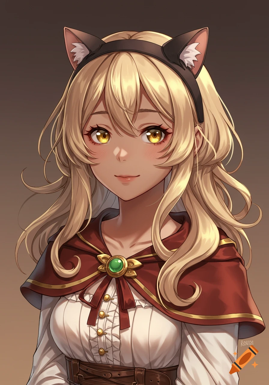Anime portrait of a blonde girl with golden eyes, cat ears, and fantasy-style clothing.