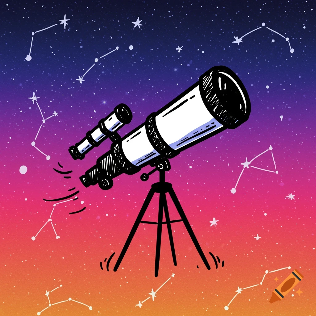 A doodle illustration of a telescope looking at stars and constellations in a colorful gradient sky.