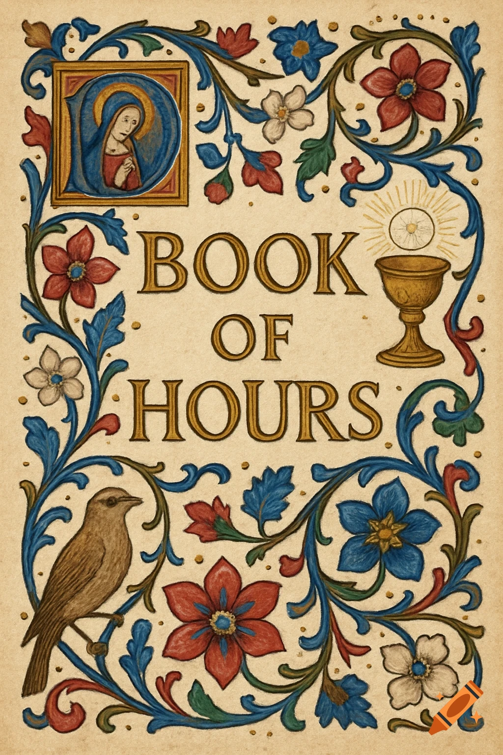 Illuminated manuscript cover with 'BOOK OF HOURS', floral borders, bird, chalice, and Madonna.