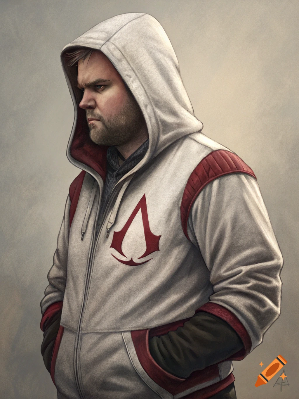 Digital painting of a man with a beard wearing a white and red hoodie with the Assassin's Creed logo.