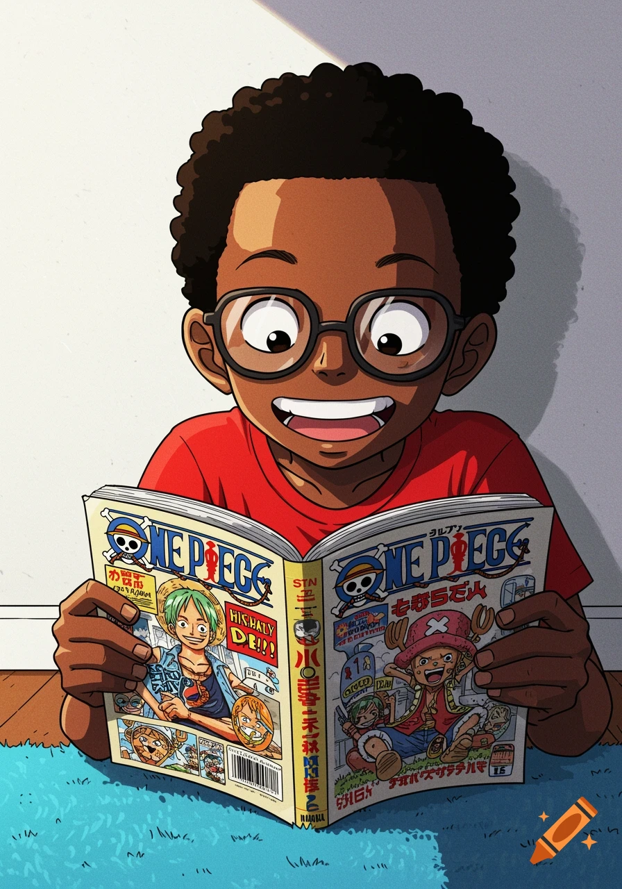 An illustration of a young Black boy with glasses happily reading a One Piece manga.