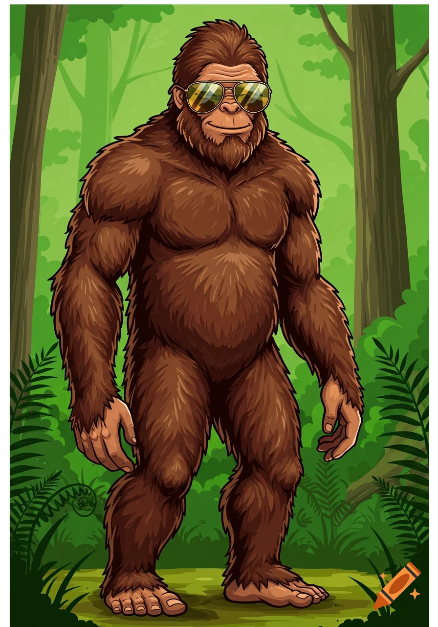 Cartoon illustration of Bigfoot with sunglasses standing in a forest.