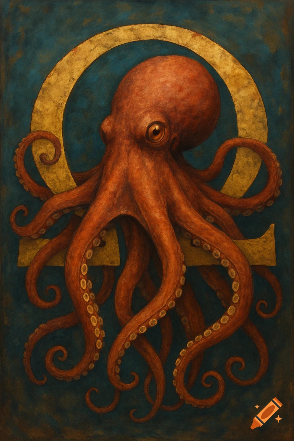 A red octopus wrapped around a golden Omega or Libra symbol on a dark blue-green background in a painterly style.