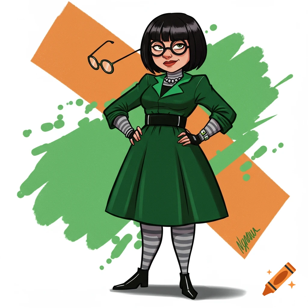 Cartoon illustration of a woman with a dark bob, round glasses, green dress, striped tights, and gloves, standing with hands on hips.