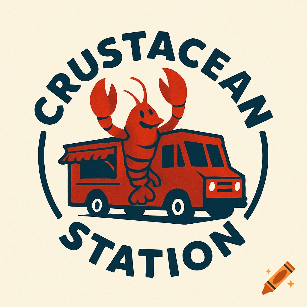 Logo illustration of a cartoon lobster standing on a red food truck, circled by the text 'CRUSTACEAN STATION'.