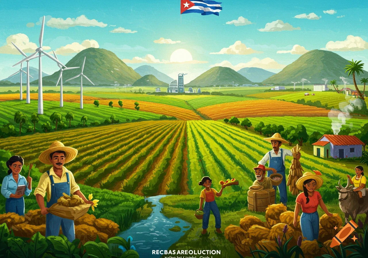 Stylized illustration of farmers working in lush green fields with ...
