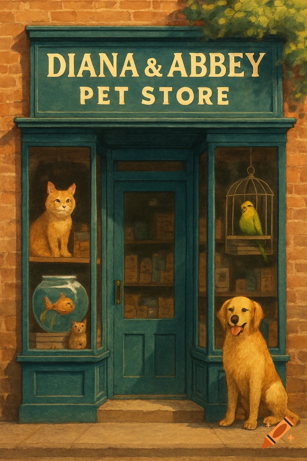 Painting of a pet store facade with a cat, fish, bird, and dog.