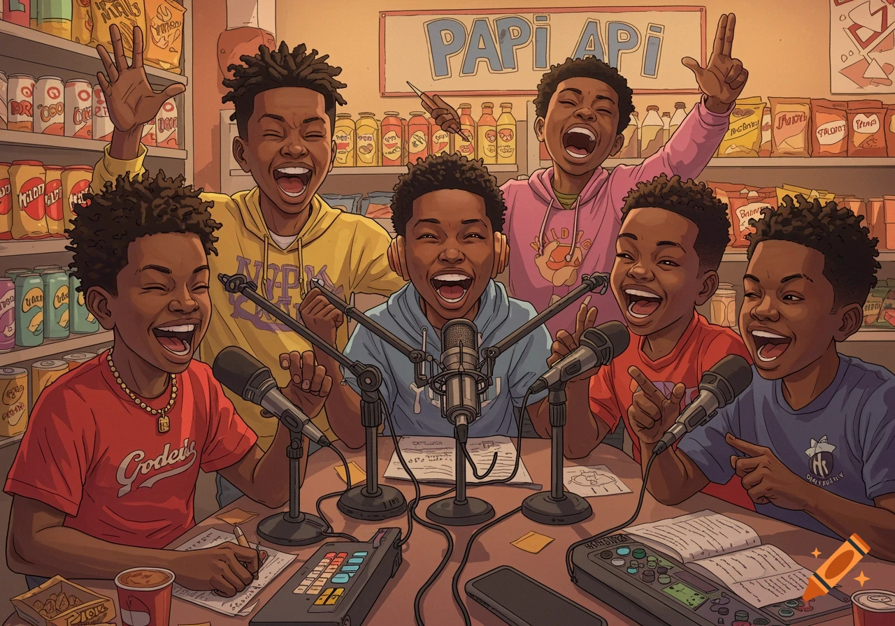 Five young Black boys laugh while recording a podcast in a store, surrounded by microphones and equipment.