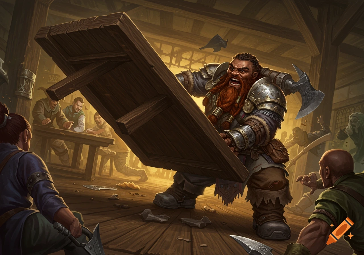 A fantasy illustration of a dwarf flipping a table in a tavern during a brawl.