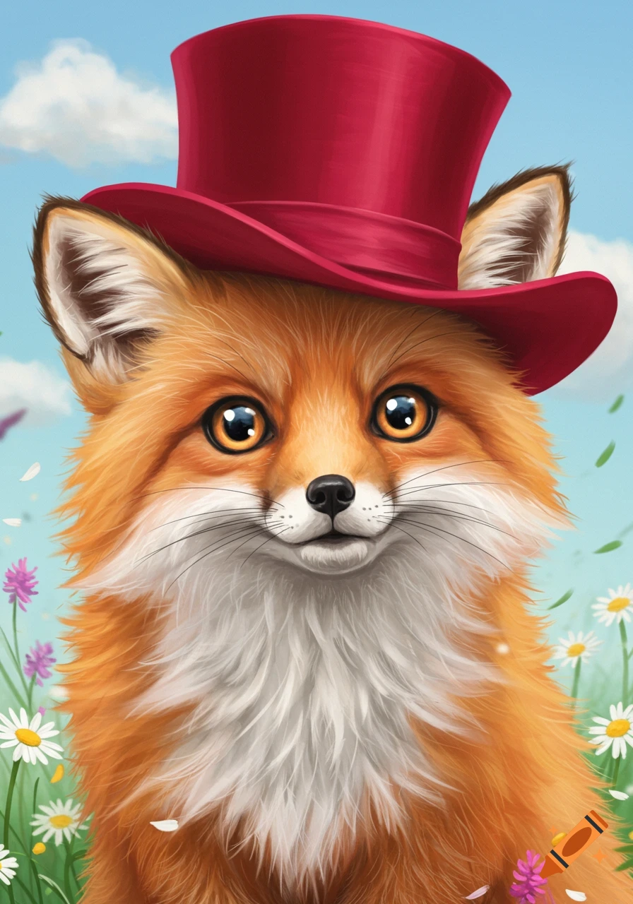 A cute fox wearing a red top hat in a field of flowers