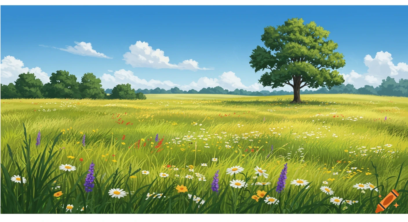 A sunny summer meadow with wildflowers, tall green grass, and a large tree under a blue sky.