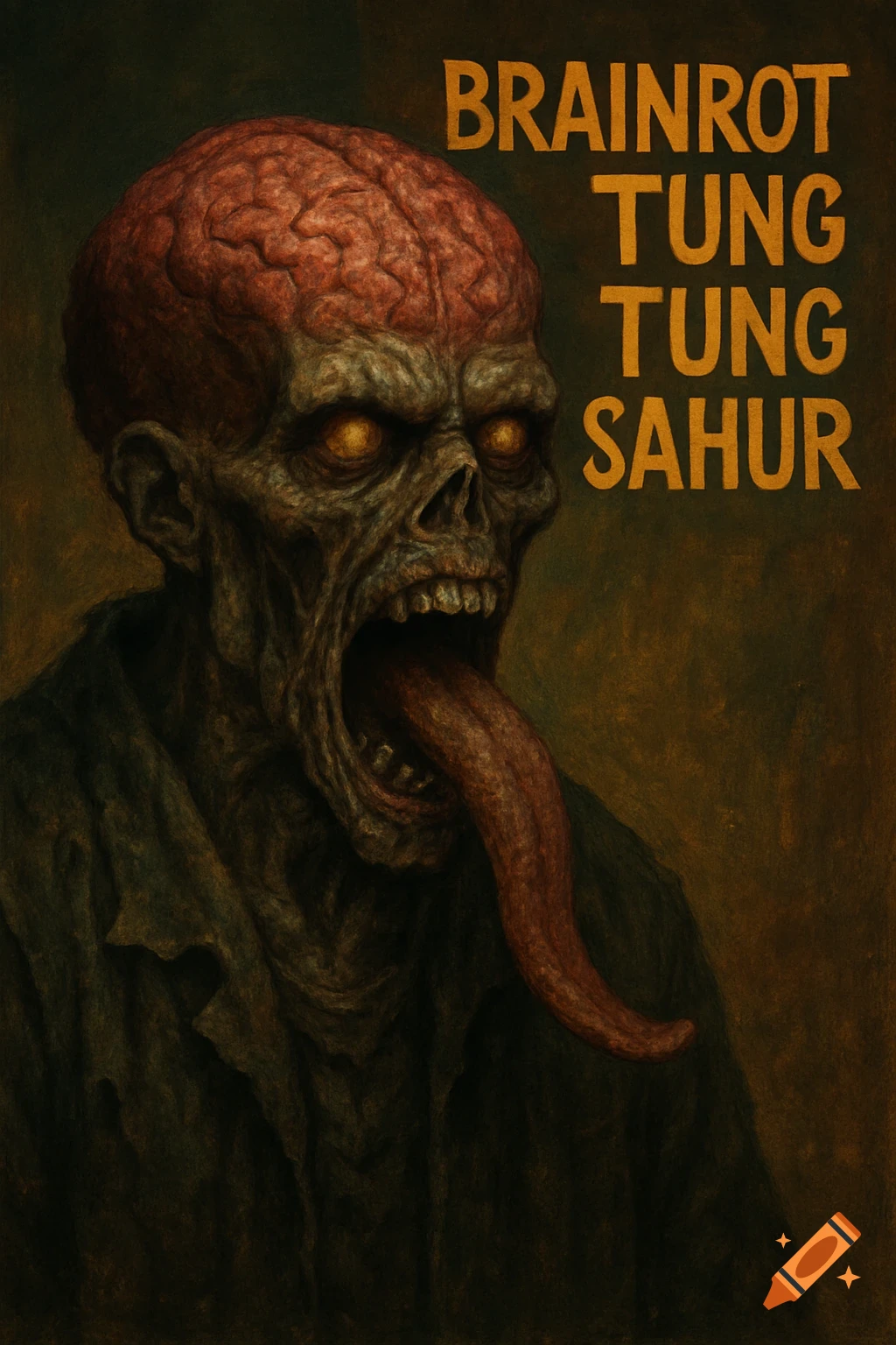 Portrait of a grotesque zombie with exposed brain and long tongue, with text, in a dark painterly style.