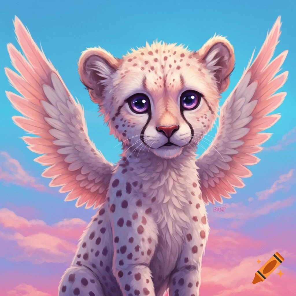 Cute stylized cheetah cub with pink wings sitting on clouds against a pastel sky.