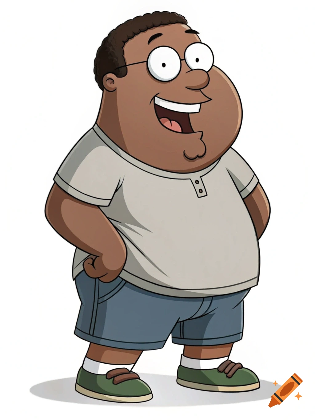Cartoon illustration of an African American man resembling Peter Griffin, standing and smiling.