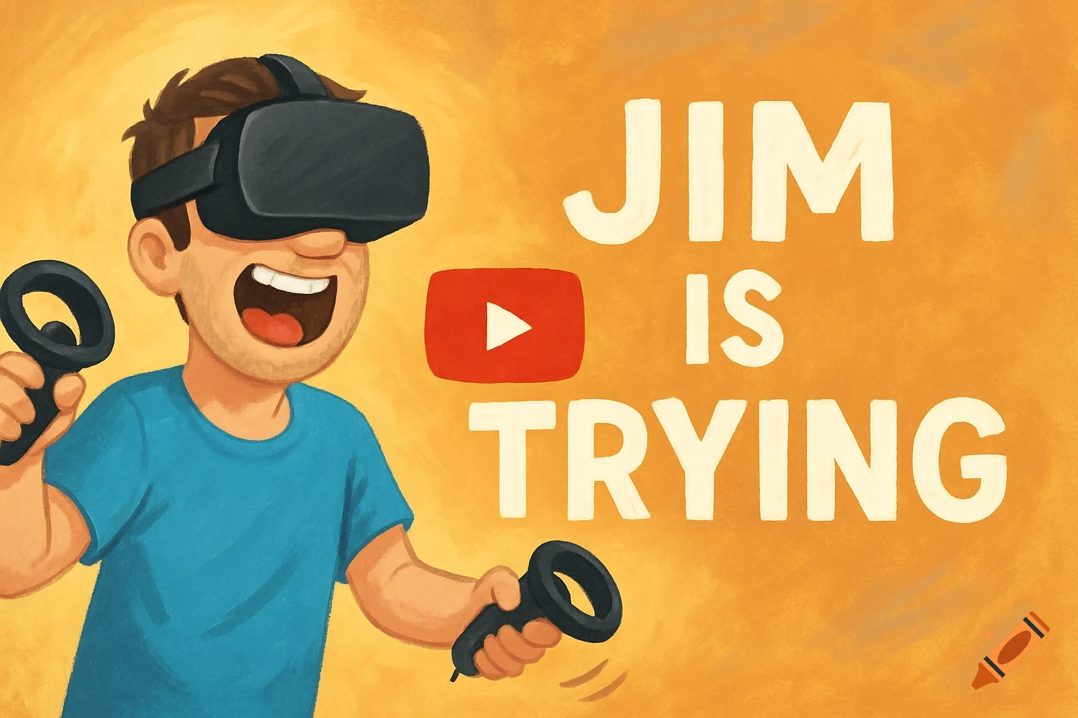 Cartoon illustration of a person playing VR with controllers, text 'JIM IS TRYING' and a YouTube logo on orange background.