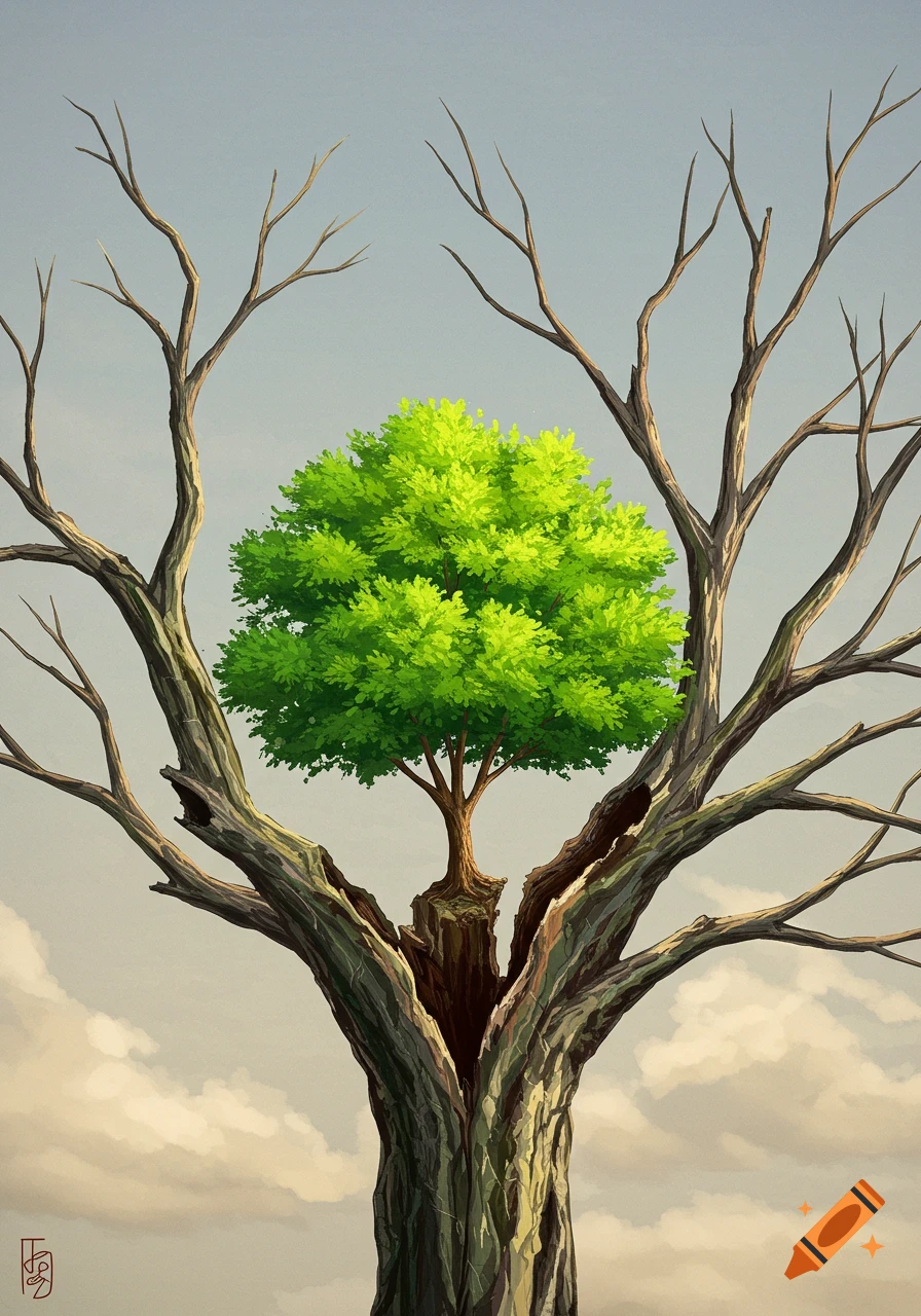 Digital painting of a vibrant green tree growing from the hollow center of a dead, bare-branched tree.