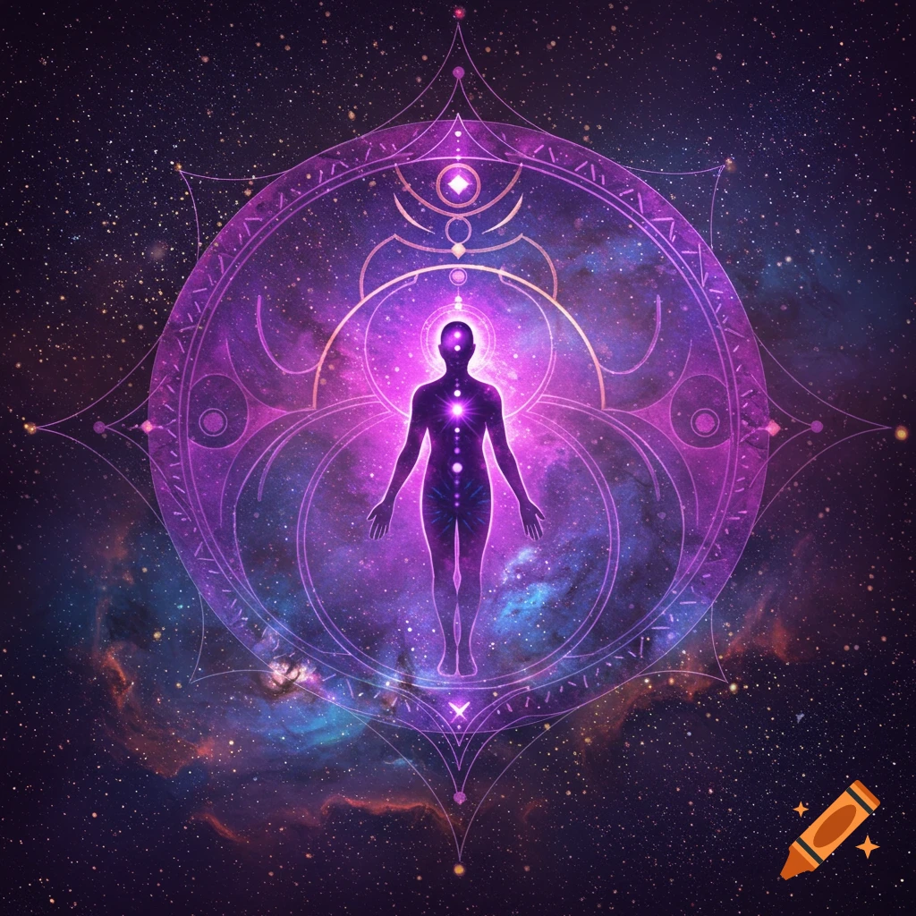 Purple human silhouette inside a detailed symbol against a cosmic background with stars and nebulae.