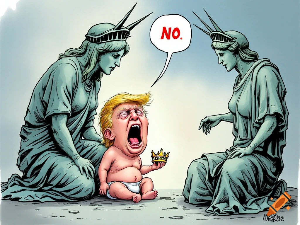 Political cartoon of the Statue of Liberty kneeling over a crying baby with Trump's face holding a crown, with a speech bubble saying "NO."