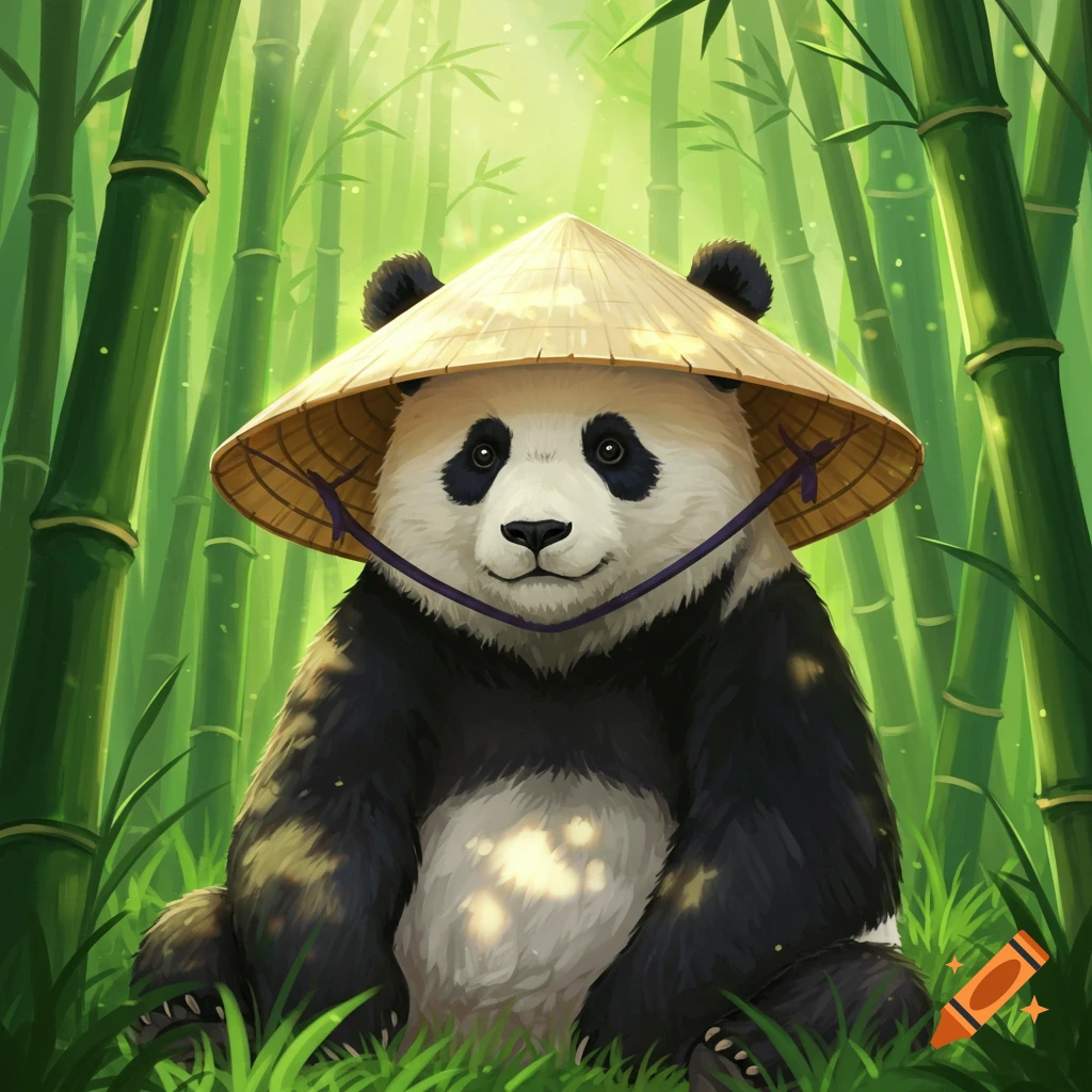 Digital painting of a panda wearing a rice hat in a bamboo forest.