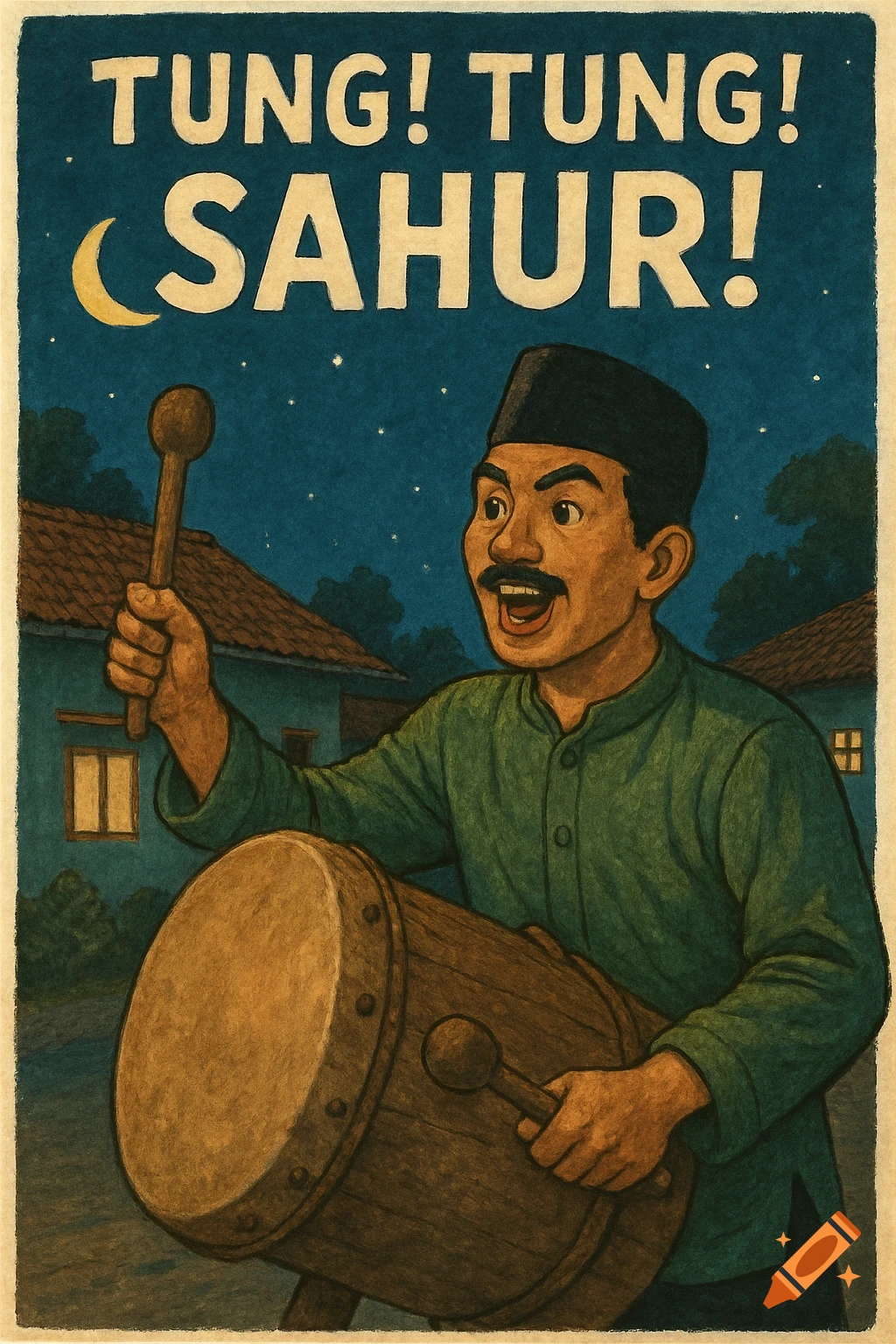 Illustration of a man playing a drum under a crescent moon with 'TUNG! TUNG! SAHUR!' text