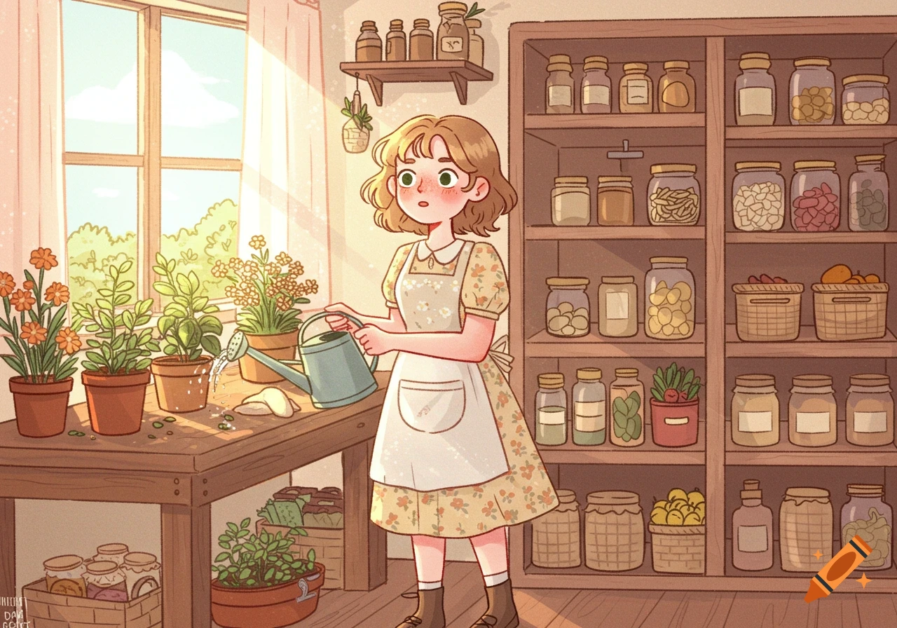 A cartoon illustration of a girl watering plants in a cozy cottagecore room with shelves full of jars.