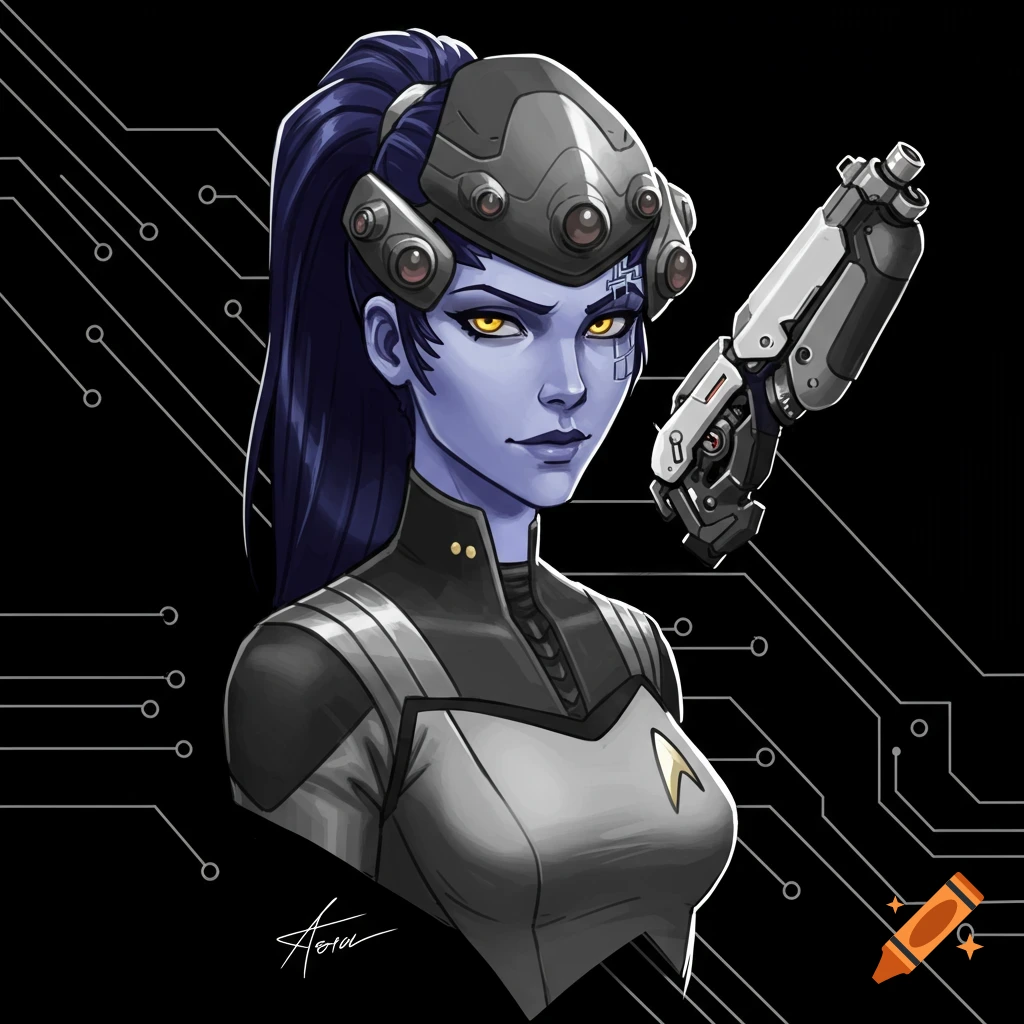 Illustration of Overwatch's Widowmaker dressed as Star Trek's Seven of Nine, holding a gun, with a circuit background.