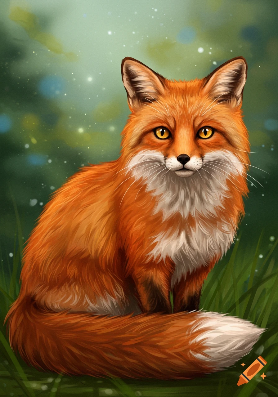 An illustration of a red fox sitting in green grass.