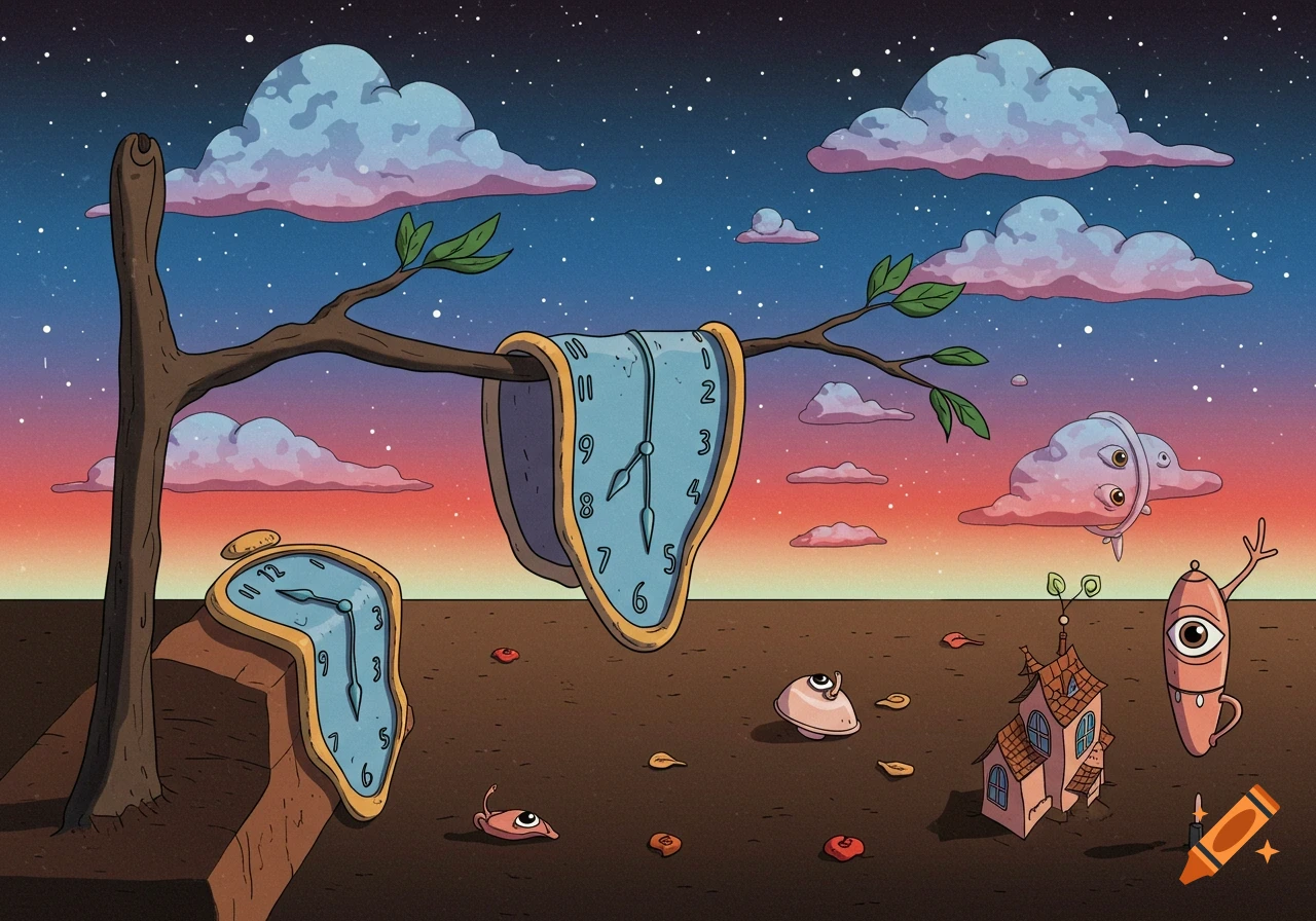 Surreal illustration of melting clocks in a desert landscape with strange creatures and a house under a starry sunset sky.