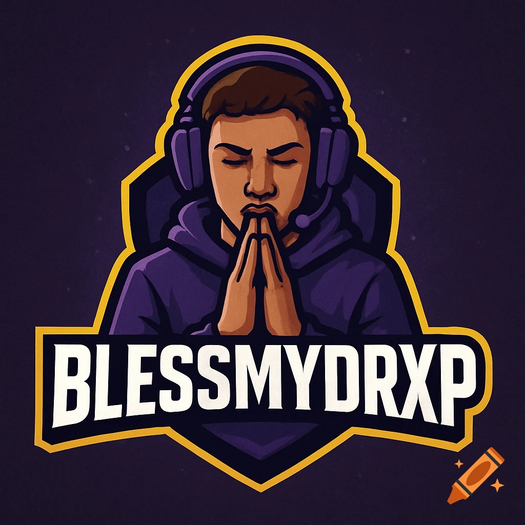 Gaming logo featuring a person praying with headphones, wearing a purple hoodie, with the text BLESSMYDRXP