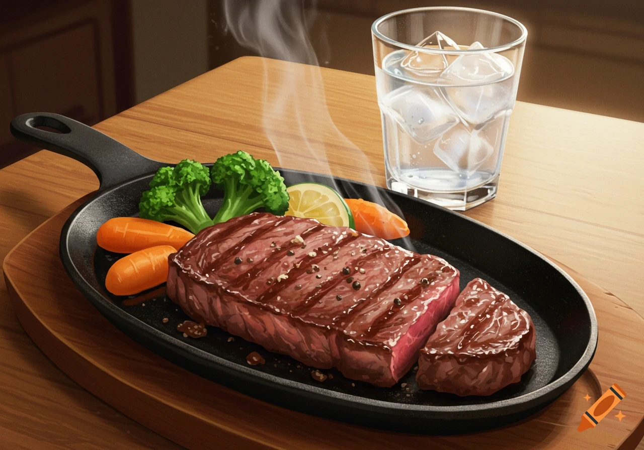 A steak with vegetables and a glass of water on a table.