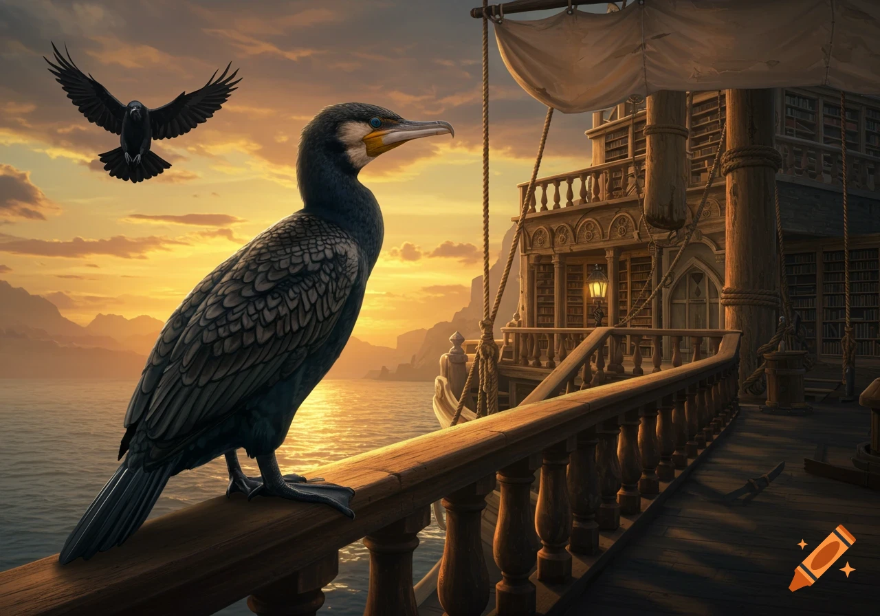 A cormorant perches on a ship railing with a raven flying overhead. The ship has a library built into its structure, set against a sunset seascape.