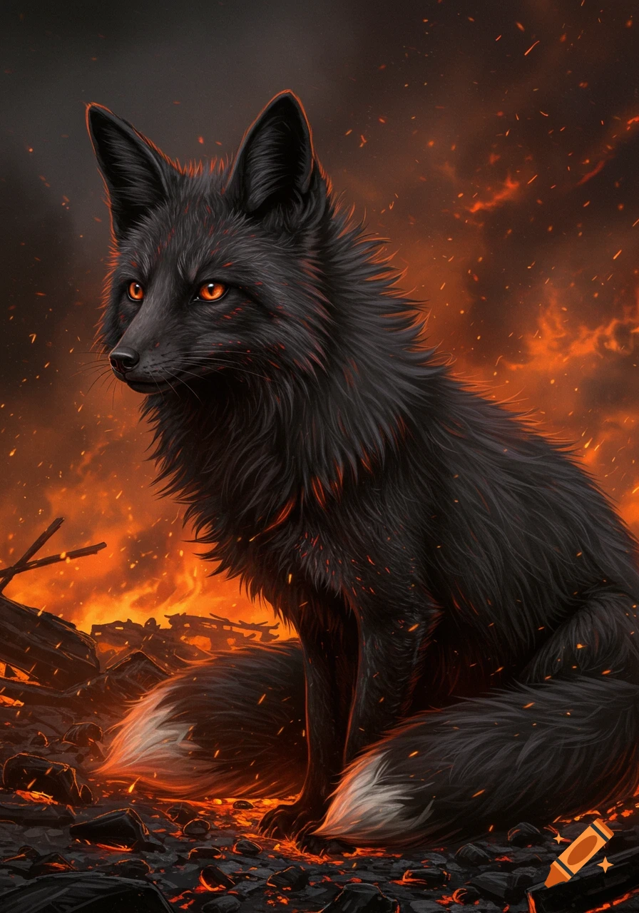 Black fox with glowing orange eyes sits in a fiery, desolate landscape.