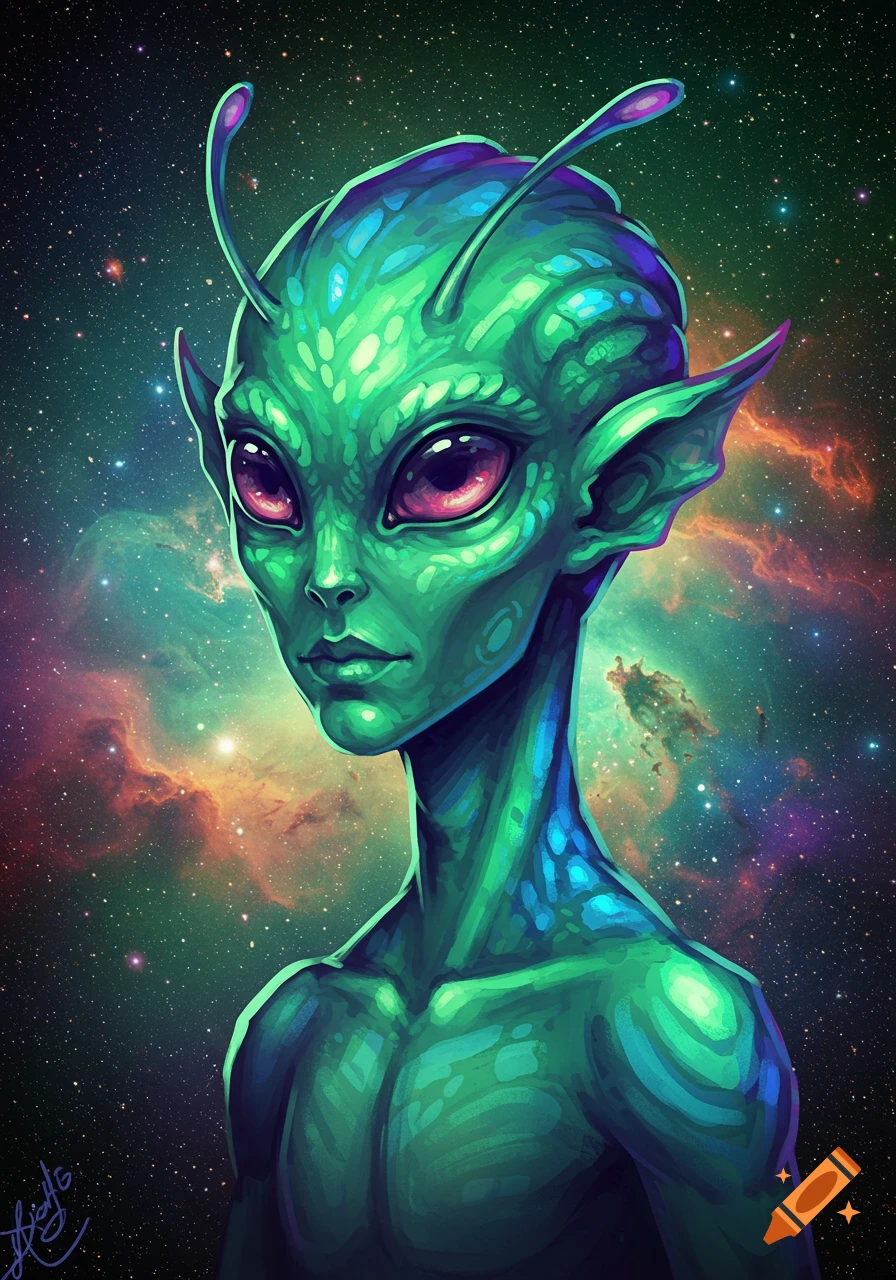 Portrait of a green alien with large purple eyes in front of a colorful space nebula.