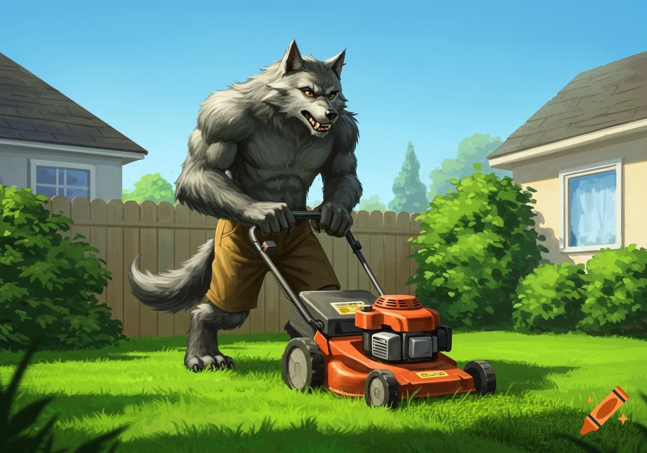 A muscular werewolf wearing shorts pushes a red lawnmower across a sunny green lawn in front of a suburban house. Digital illustration.