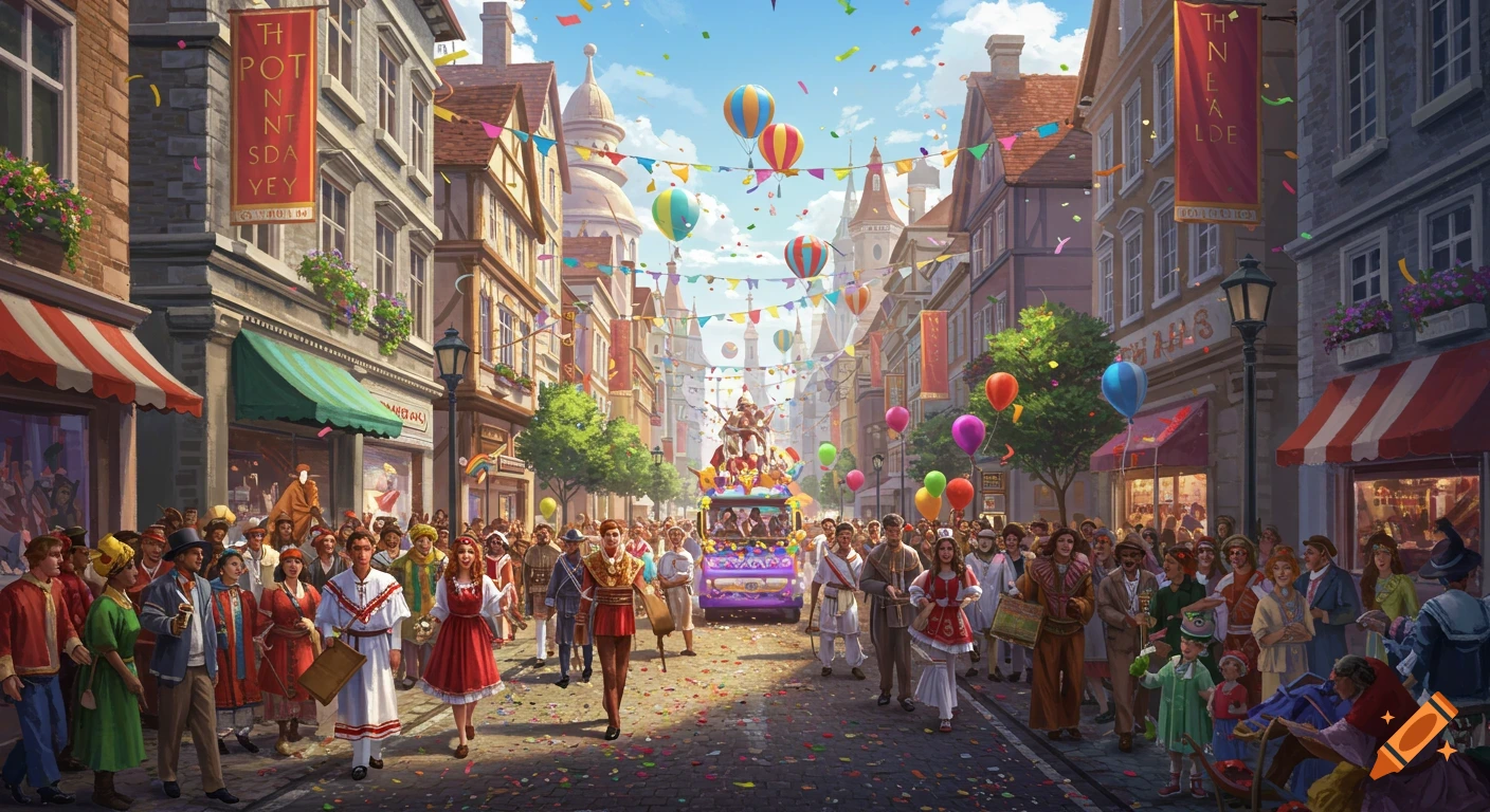 A large crowd watches a colorful parade with a float, banners, and balloons moving down a historical-looking street lined with buildings.