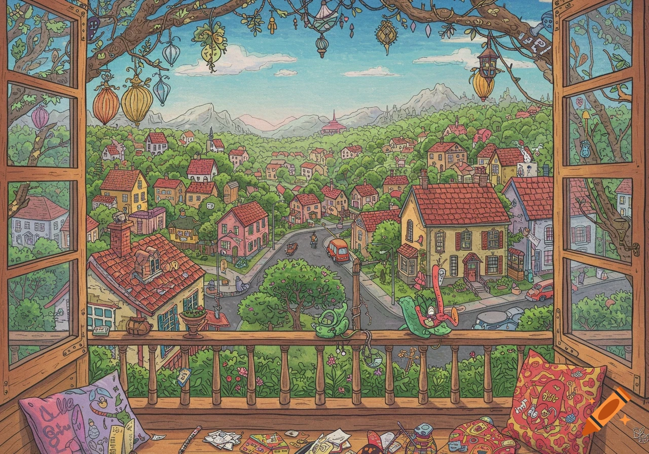 An illustrated view of a whimsical town in a valley, seen from a window balcony with pillows in the foreground.