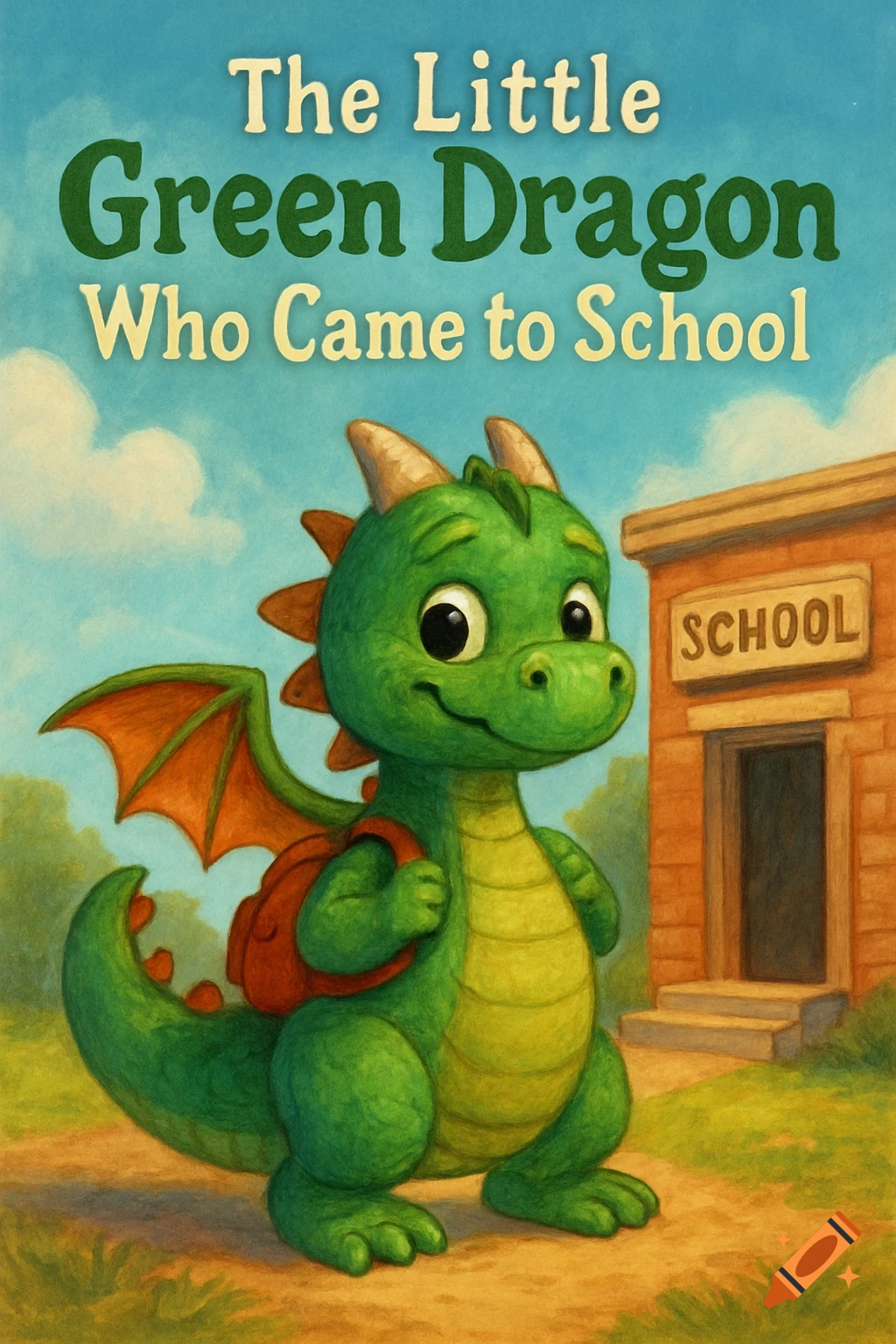 A cute green dragon with a backpack stands in front of a brick school building. The image is a book cover titled 'The Little Green Dragon Who Came to School' in a painted style.