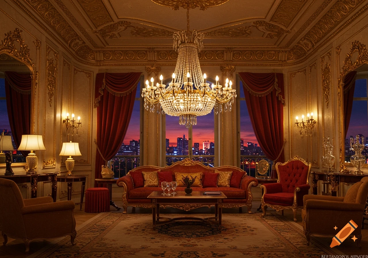 Luxurious room with a large chandelier, red curtains, and a view of a city skyline at sunset.