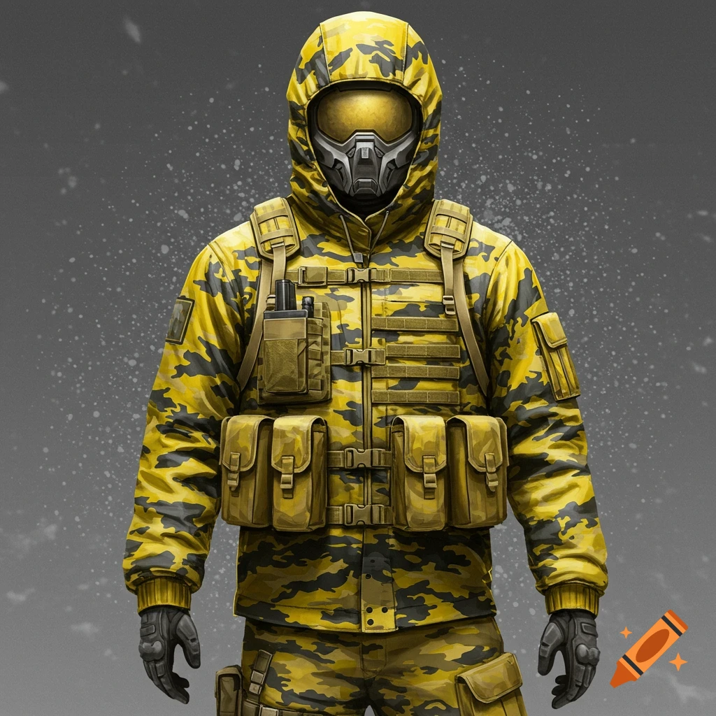 Person in yellow and black camouflage tactical suit, hood, and sci-fi mask.