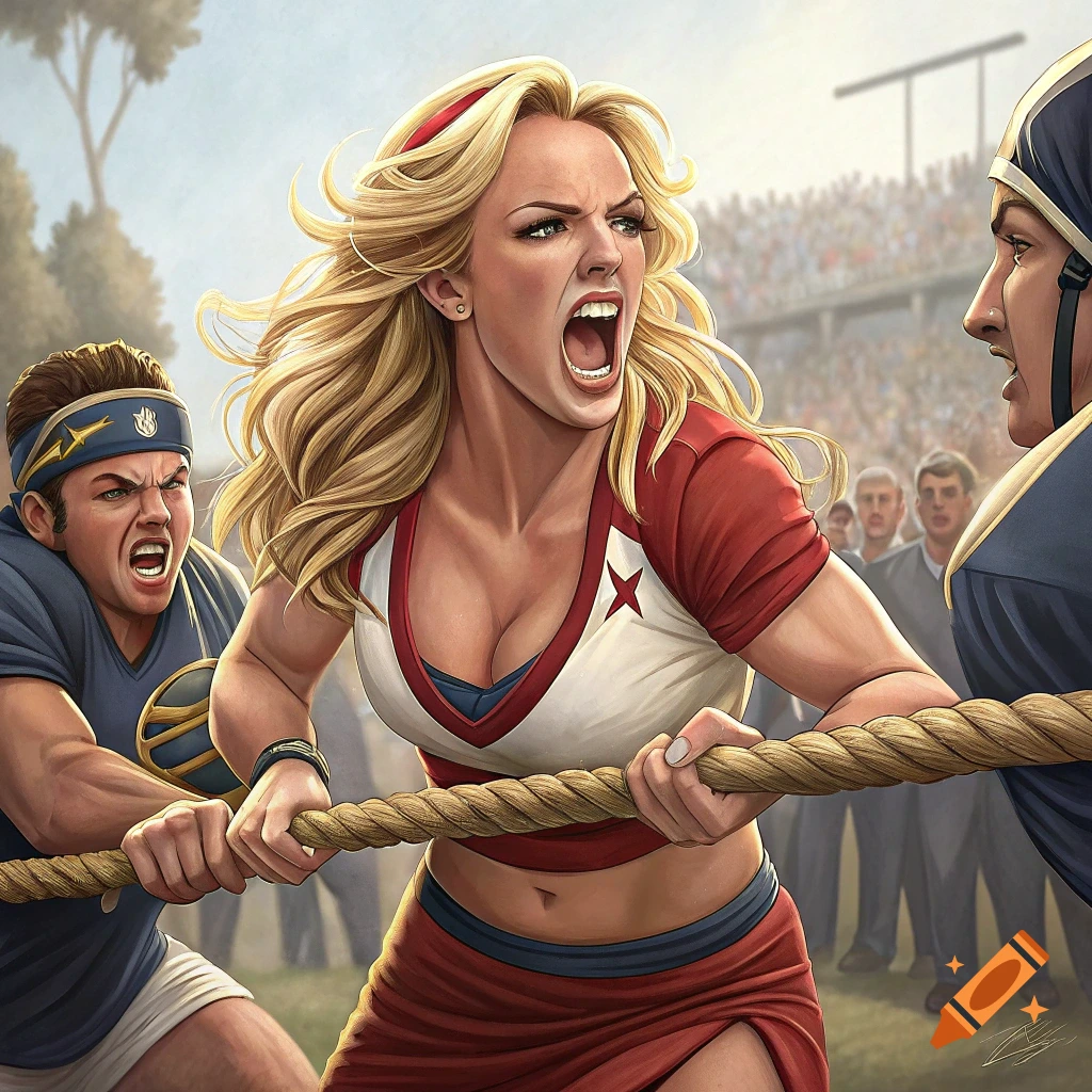 People competing in a tug-of-war battle at a stadium, in an illustration style.