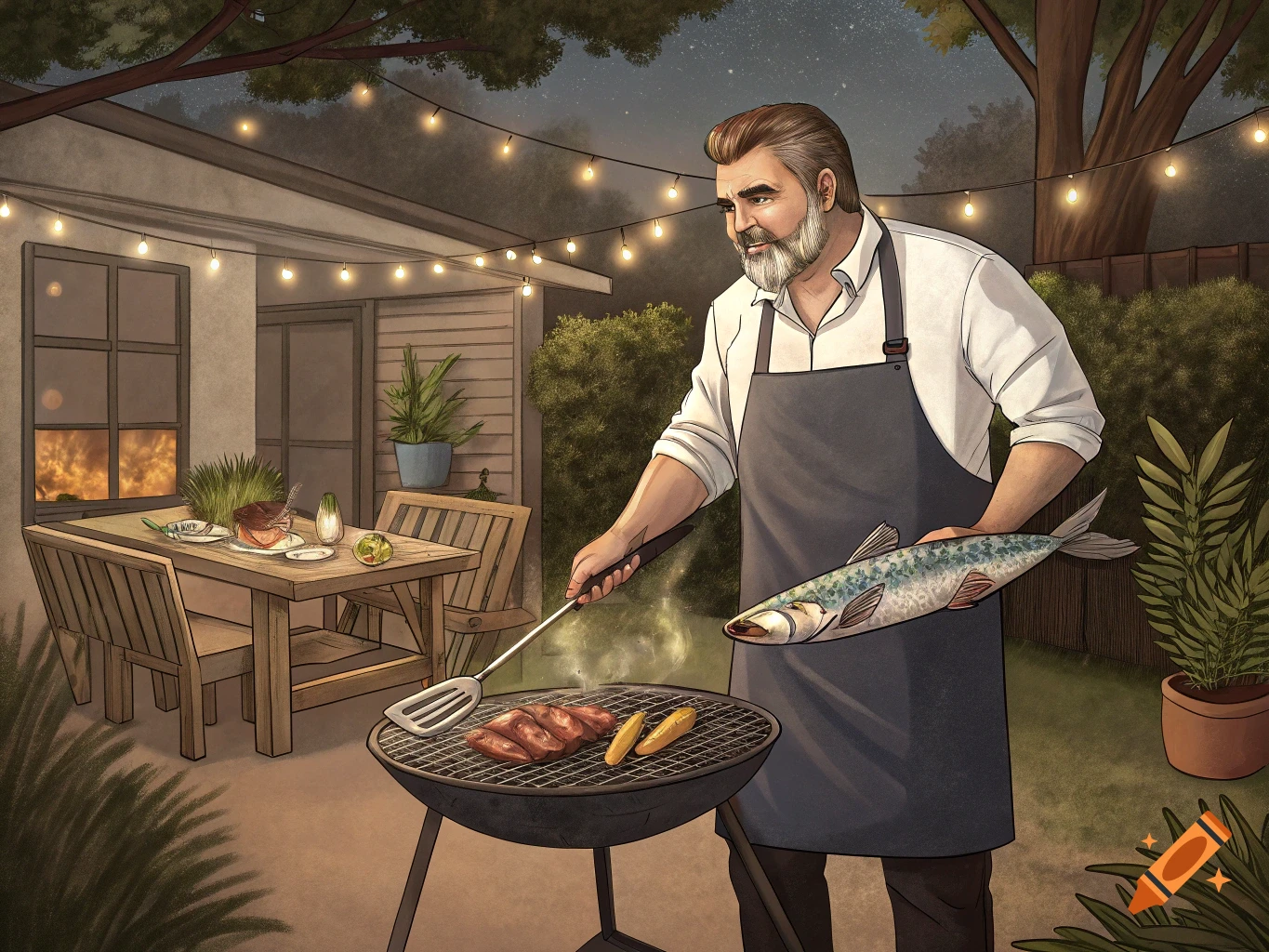 Illustration of a man grilling fish and meat on a barbecue in a backyard at night.