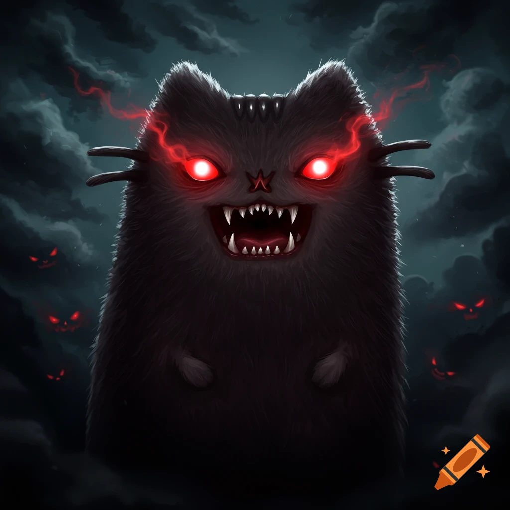 An evil fluffy black monster cat with glowing red eyes and sharp teeth, surrounded by smaller glowing eyes in a dark, cloudy background.
