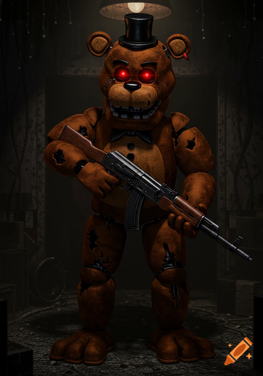 Freddy Fazbear from Five Nights at Freddy's stands in a dark room holding an AK-47 rifle.