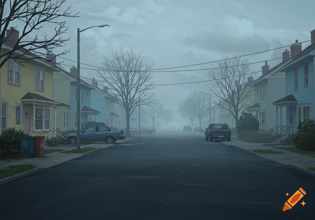 Misty street scene in a suburban neighborhood with houses and parked cars.