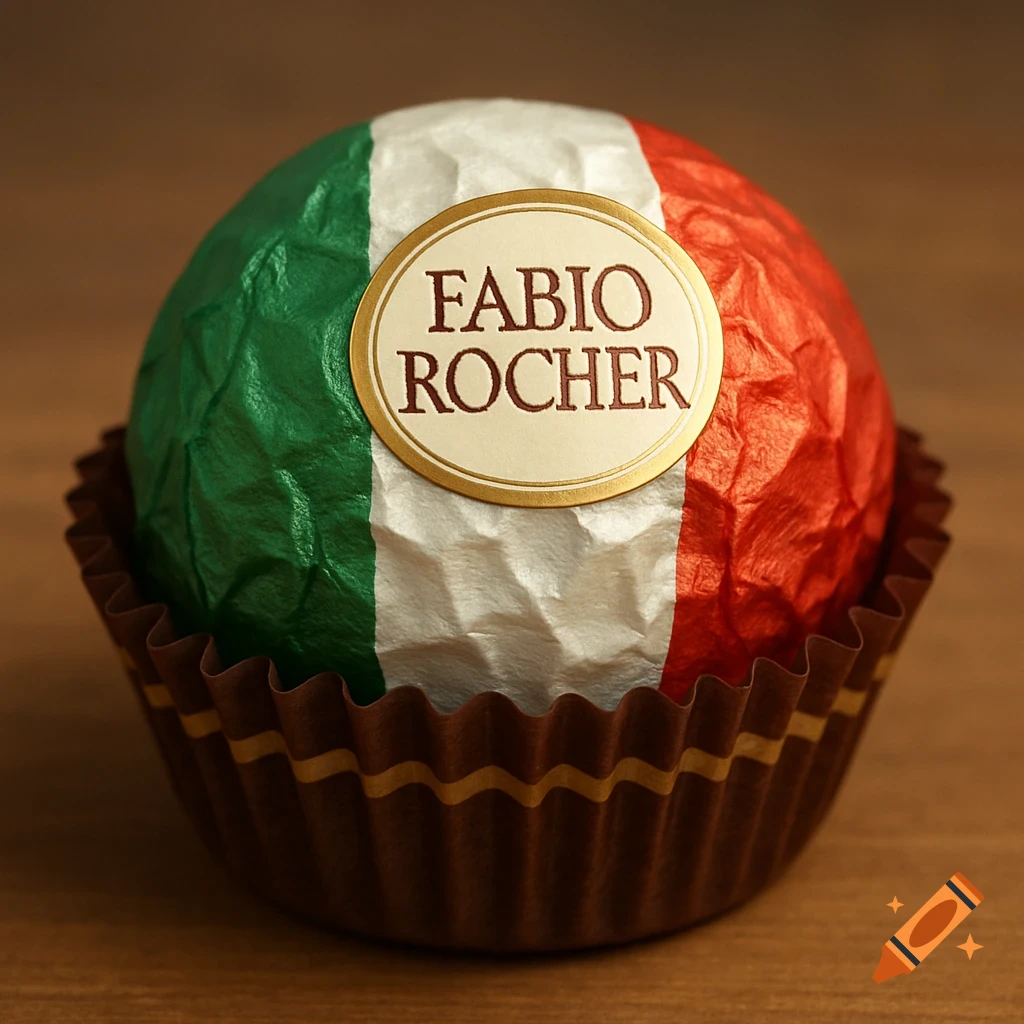 A close-up photo of a chocolate candy wrapped in red, white, and green foil, like the Italian flag, sitting in a brown paper cup. It has a label that says 'FABIO ROCHER'.