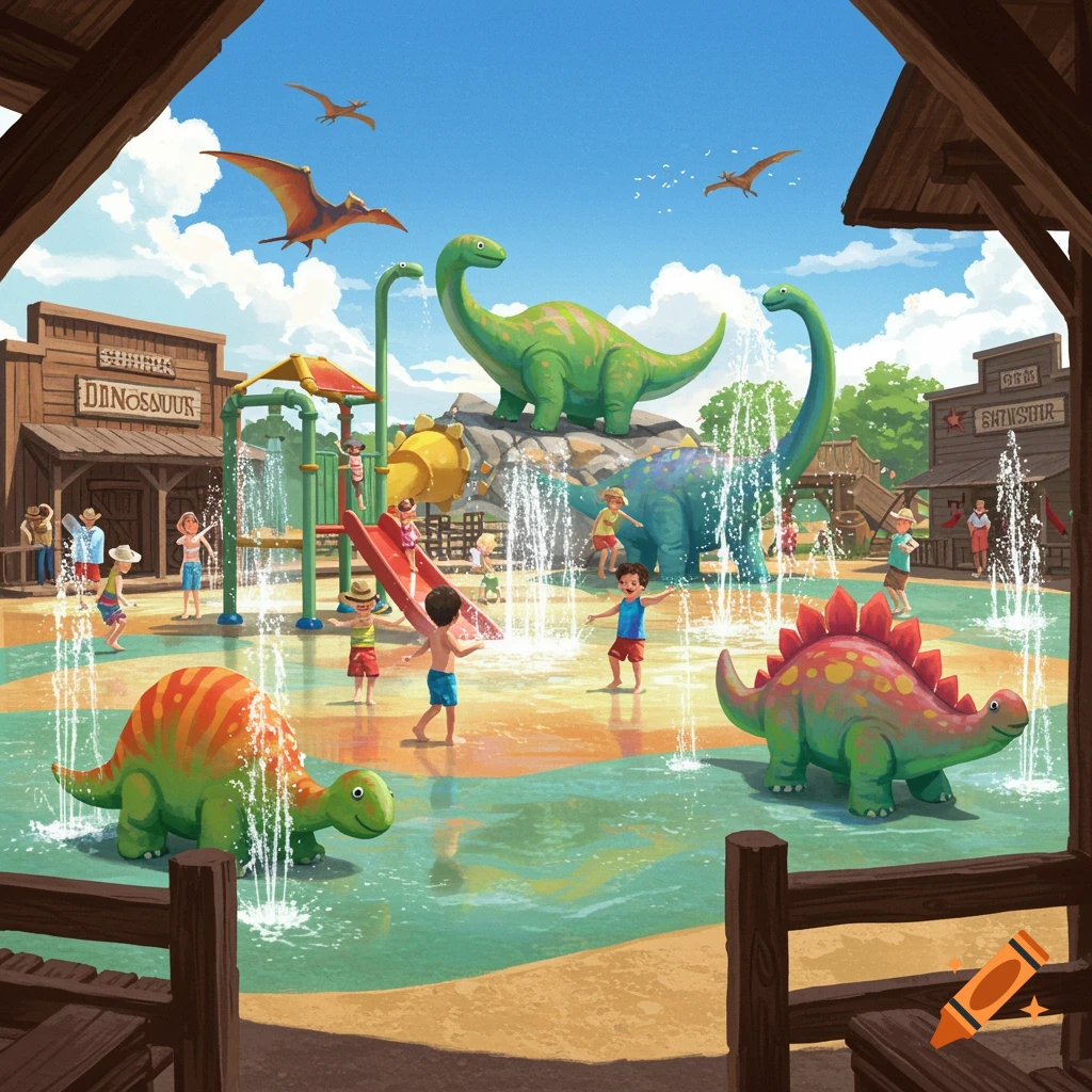 Dinosaur-themed splash pad with kids playing, water features, large dinosaur statues, and western-style buildings