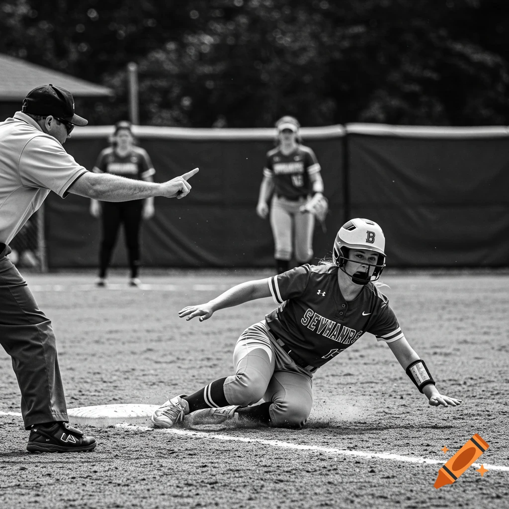 Black and white photo of a softball player sliding into base as an umpire points.