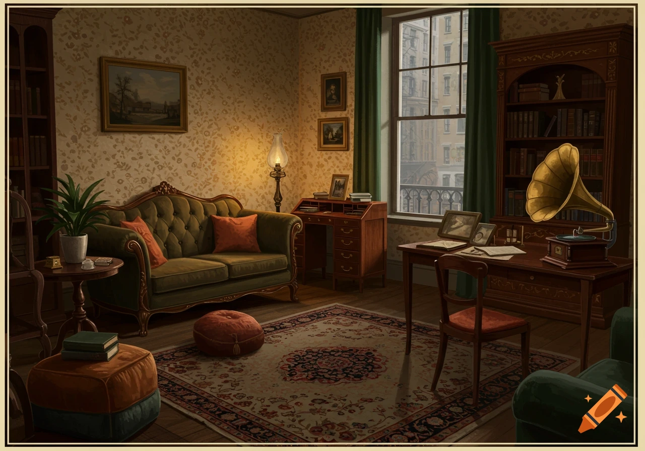 A cozy vintage study room with a green sofa, wooden desk, bookshelves, a gramophone, and a window looking out onto city buildings.