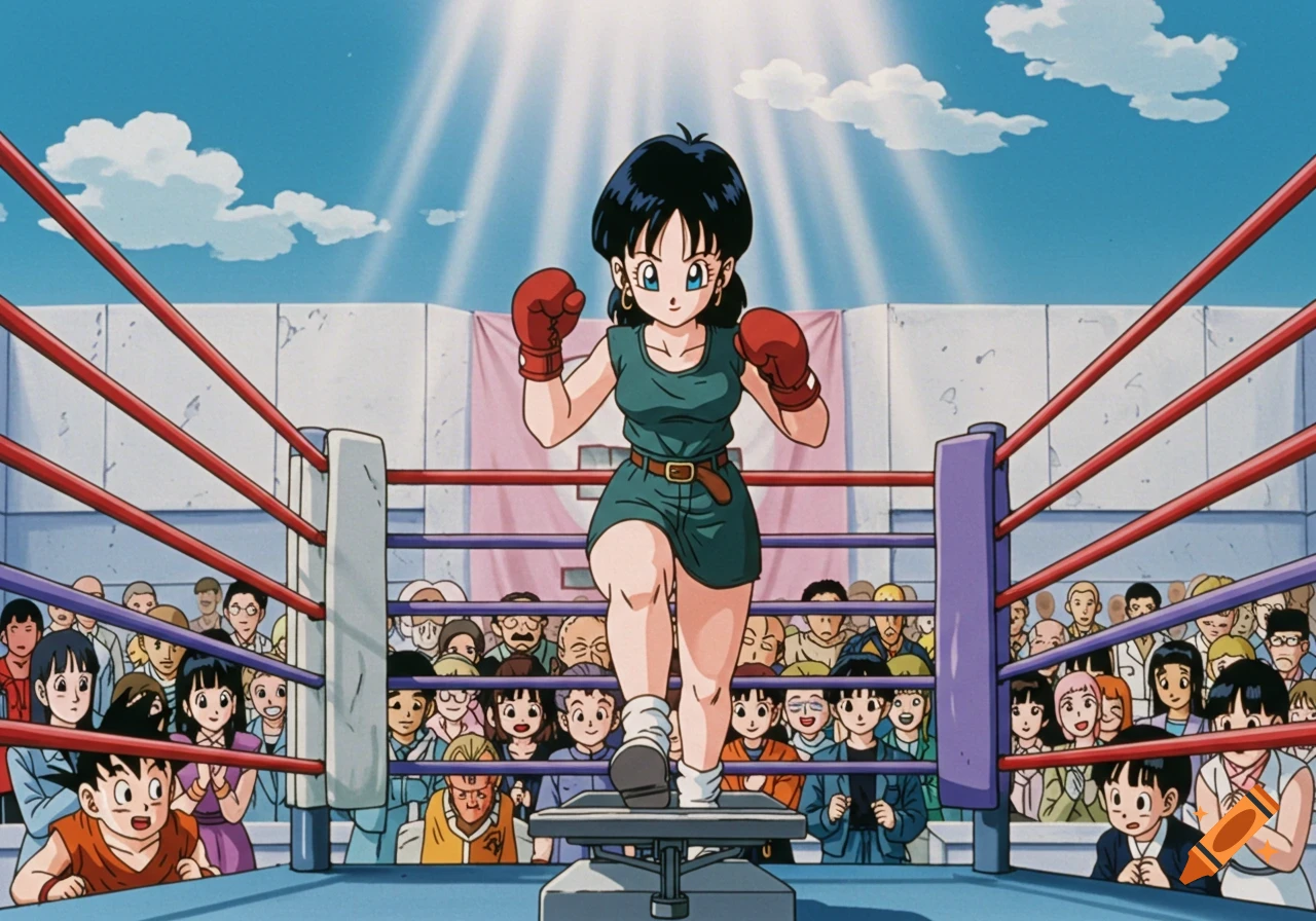 Anime character in boxing gloves stands in a ring surrounded by spectators